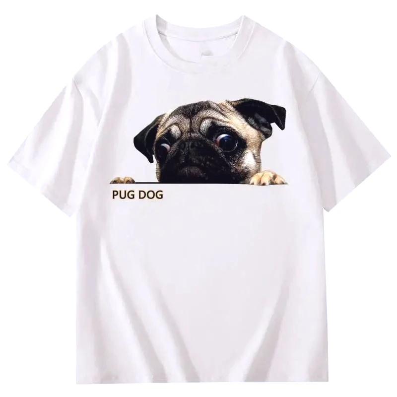 2026년 신상품 마이나 퍼그 강아지 패턴 반려견 프린트 여성용 루즈핏 반팔 트렌디 캐주얼 티셔츠 O넥 편안한 상의