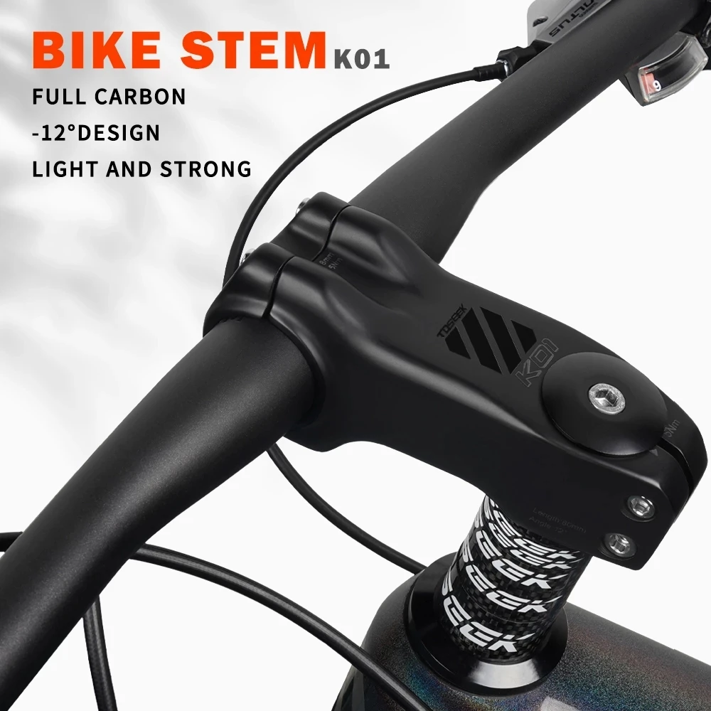 TOSEEK MTB/Road Bicycle Handlebar Carbon Stem -12 Degree Bike Handlebar Stems 70/80/90/100/110/120mm Matt Black For 28.6 mm Fork