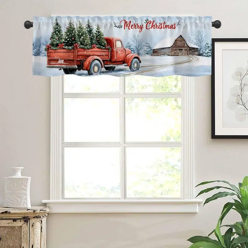 VIKAMA Christmas Short Curtains Valances Red Truck Xmas Tree for Kitchen Window Home Winter Holiday Window Decor