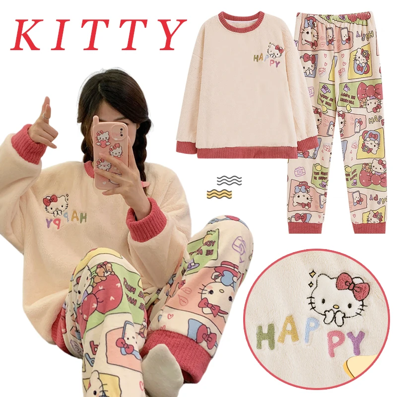 

Sanrio Hello Kitty Pajamas Winter Women Long Sleeve Pants 2 Piece Set Sleepwear Flannel Thickened Warm Homewear Casual Pullover