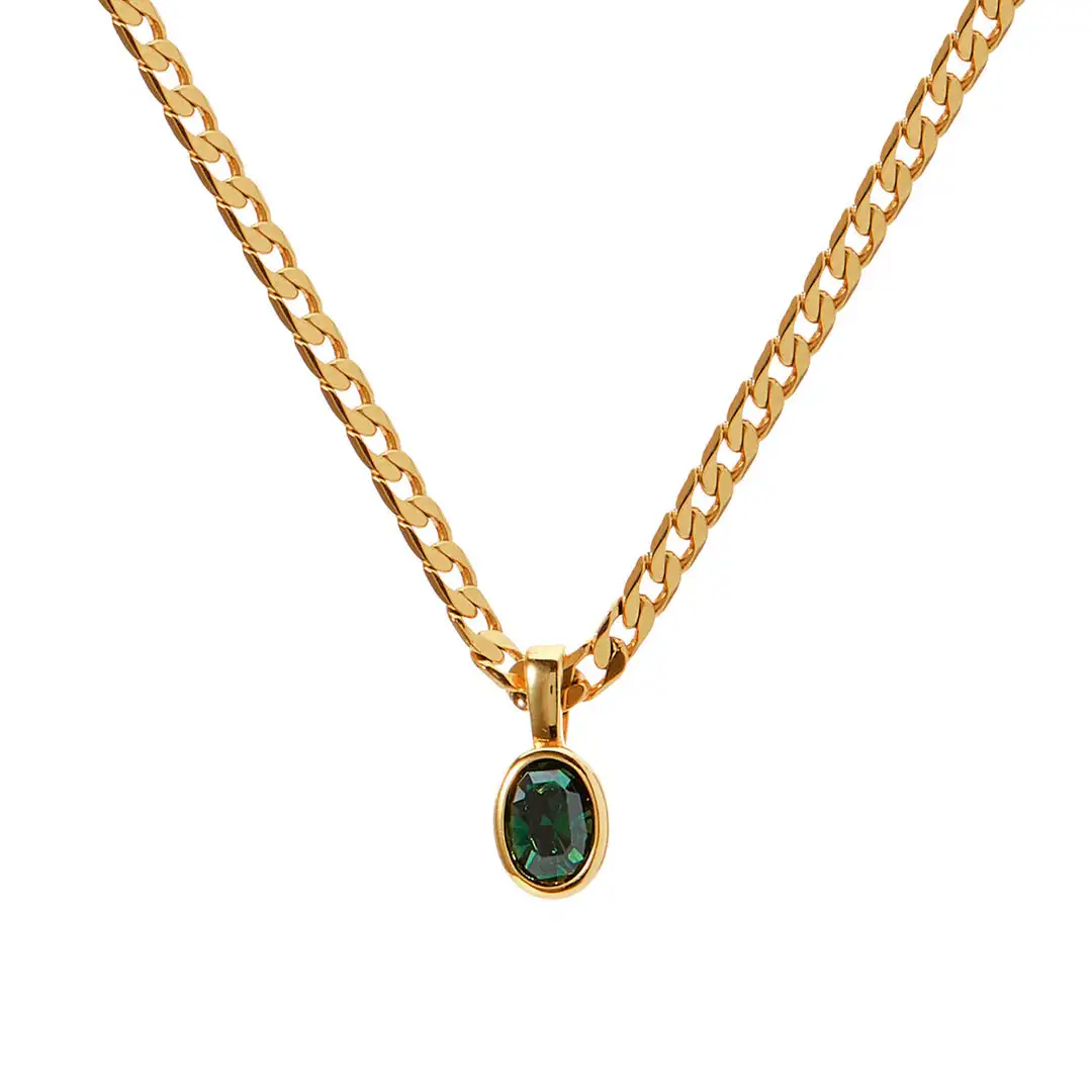 Dainty Stainless Steel Oval Multi-color Natural Stone Pendant Necklace for Women 18k Gold Plated Cuban Chain Necklaces Jewelry