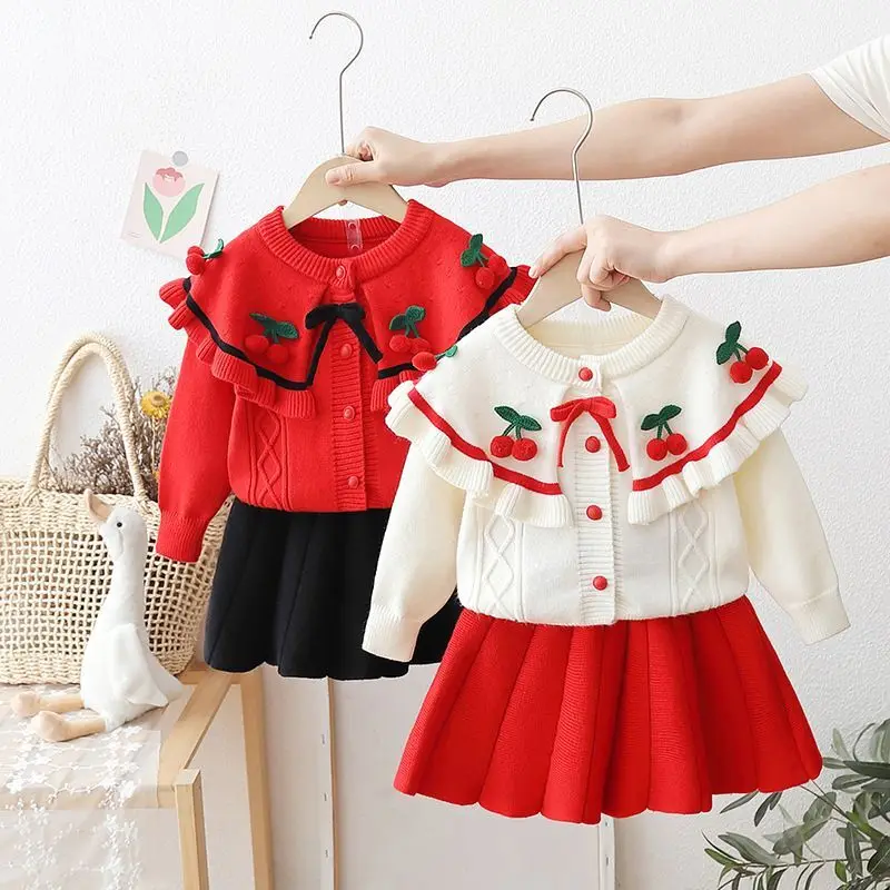 1-7 Years Spring Autumn Girls Clothing Set Lapel Design cherry knit jacket +Princess skirt two-piece set Sweater Outfit For Kids