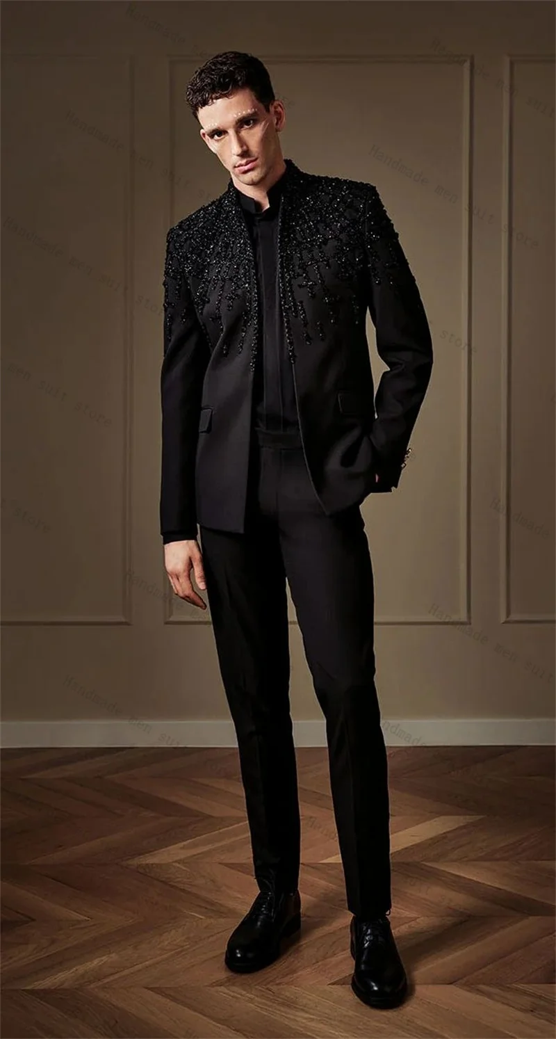 

Black Beaded Men Suit Set 2 Piece Blazer+Pants Wedding Tuxedos Stand Collar Coat Cotton Customized Formal Office Business Jacket