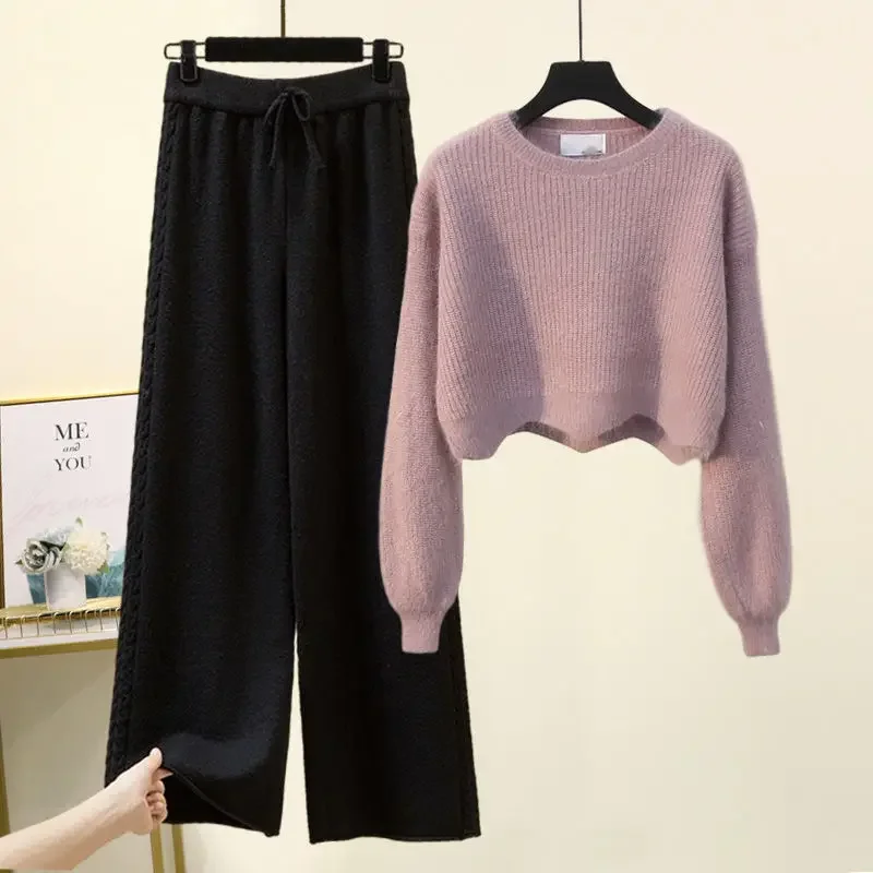 Set of Two Fashion Pieces for Women Long Sleeve Printing Pullover All-match Knitted High Waist Wide-leg Pants Women Knitted Suit