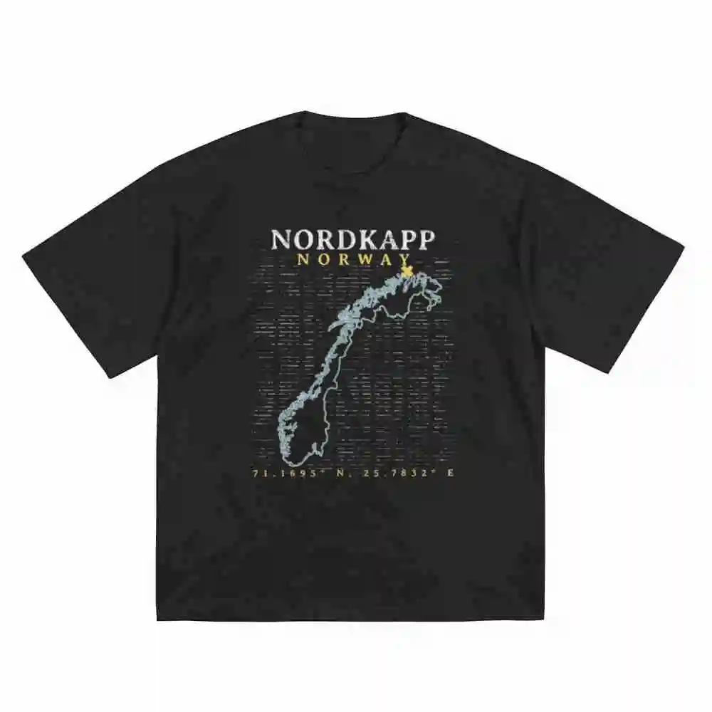Nordkapp Norway Map Nordkaxe Cape Norwegian Flag Coordinates Short Sleeve Tee 100% Cotton T-Shirt