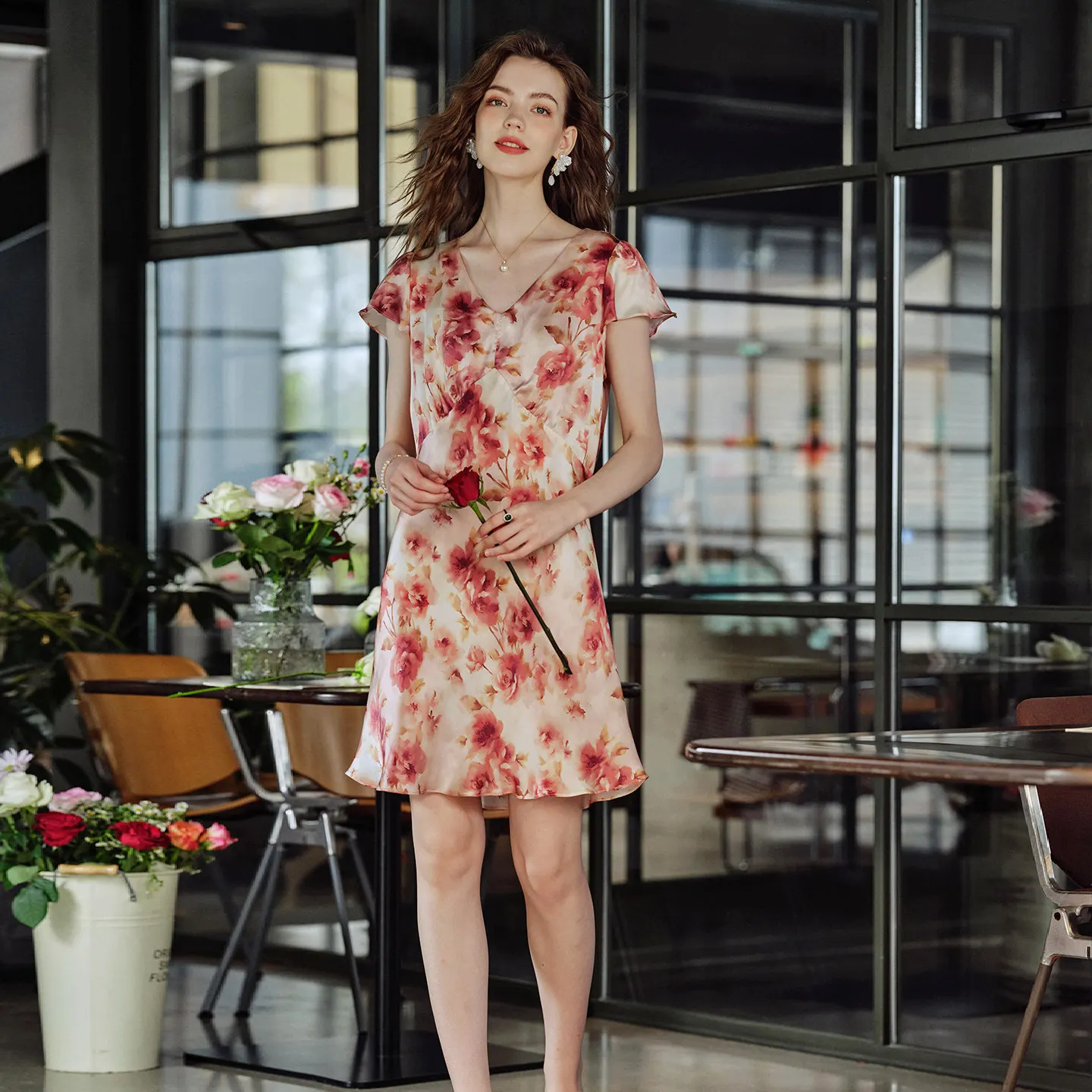 Printed 100% Mulberry Silk Short Sleeve Mini Sleep Dress Women's Summer Satin Pajamas Nightgown Loungewear One Piece Sleepwear