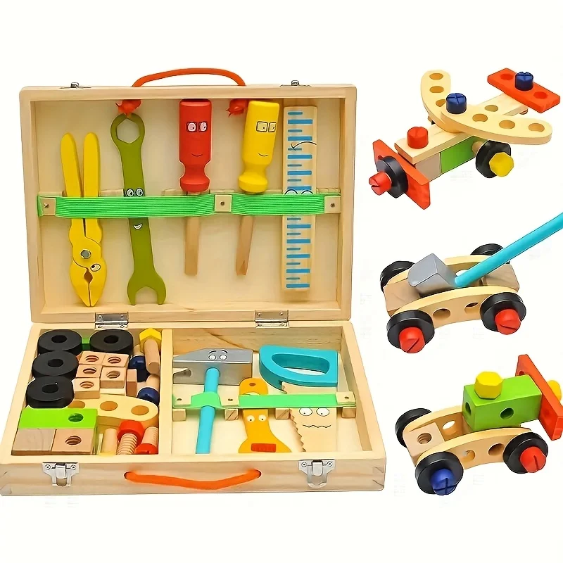 Simulation Wooden Toolbox Toy for Kids, Vehicle Assemble Building Blocks Puzzle and Educational Game Toy for Boys and Girls
