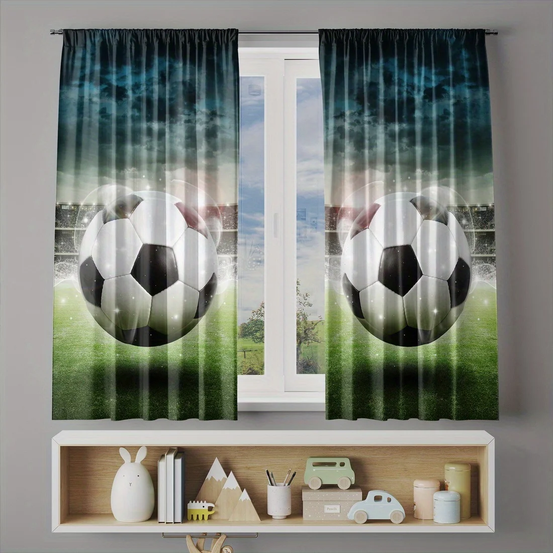 2pcs Soccer Ball Stadium Action Curtains Blackout Drapes for Boys Room Sports Fan Decor Green Field Sky Background Print Window