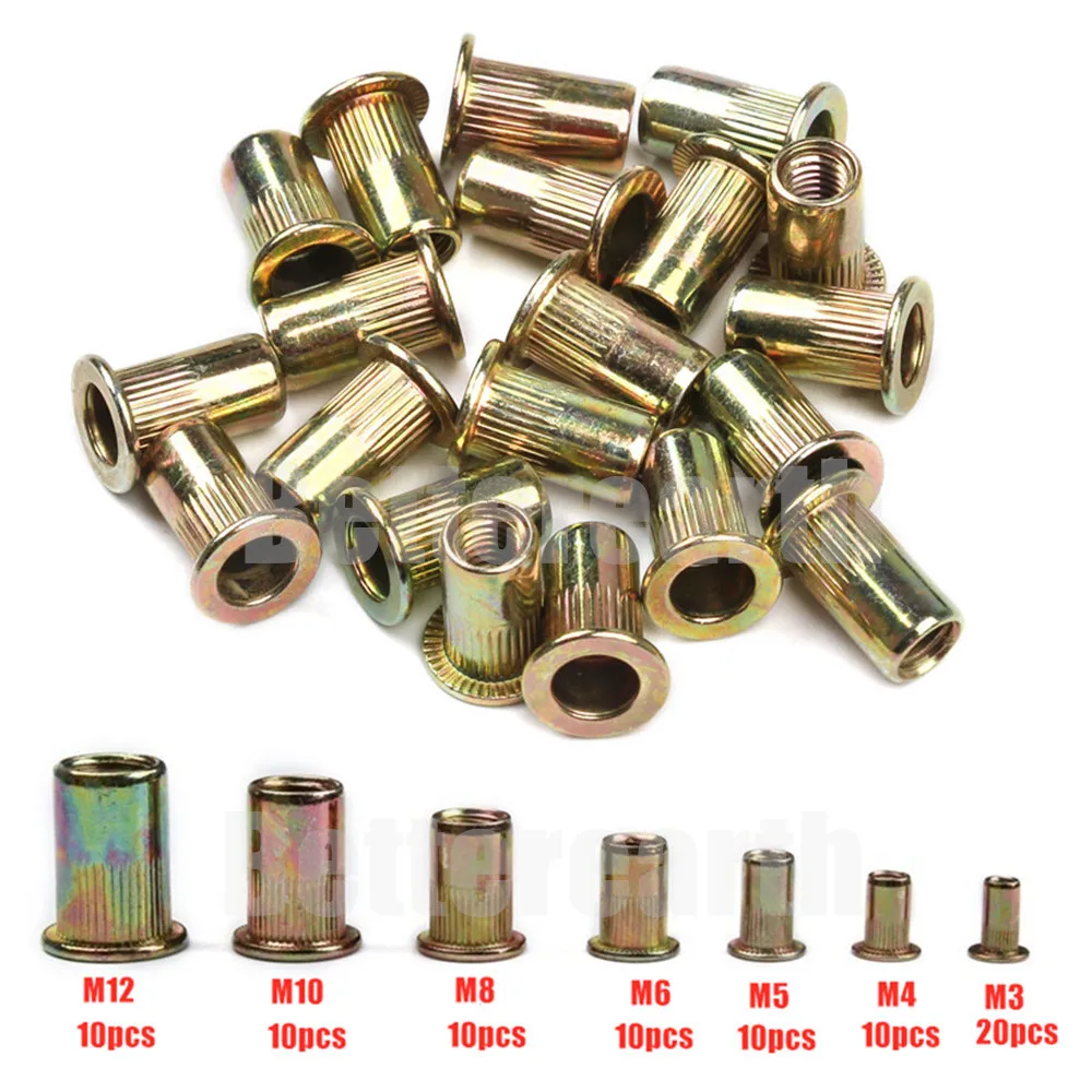 90PCS  M3 M4 M5 M6 M8 M10 M12 Carbon Steel Flat Head Rivet Nut Set Insert Reveting Multi Size Rivet Nuts Hardware Parts