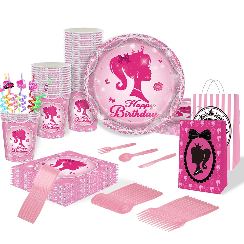 Ensemble de ballons de décoration d'anniversaire de princesse, vaisselle, tasses, assiettes, nappe, Kit de bannière, thème rose joyeux anniversaire, décoration de fête pour filles