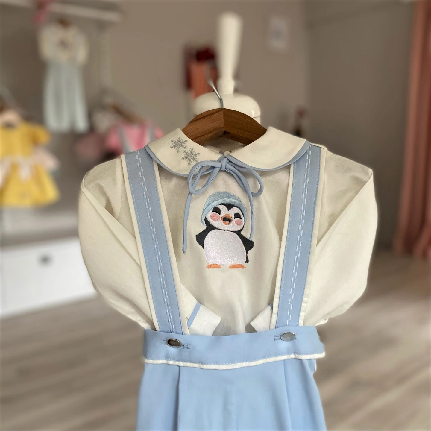 0-6Y Baby Boy Autumn Winter Penguin Snowflakes Embroidery Blue White Outfit Suit for Party Birthday Holiday Photography