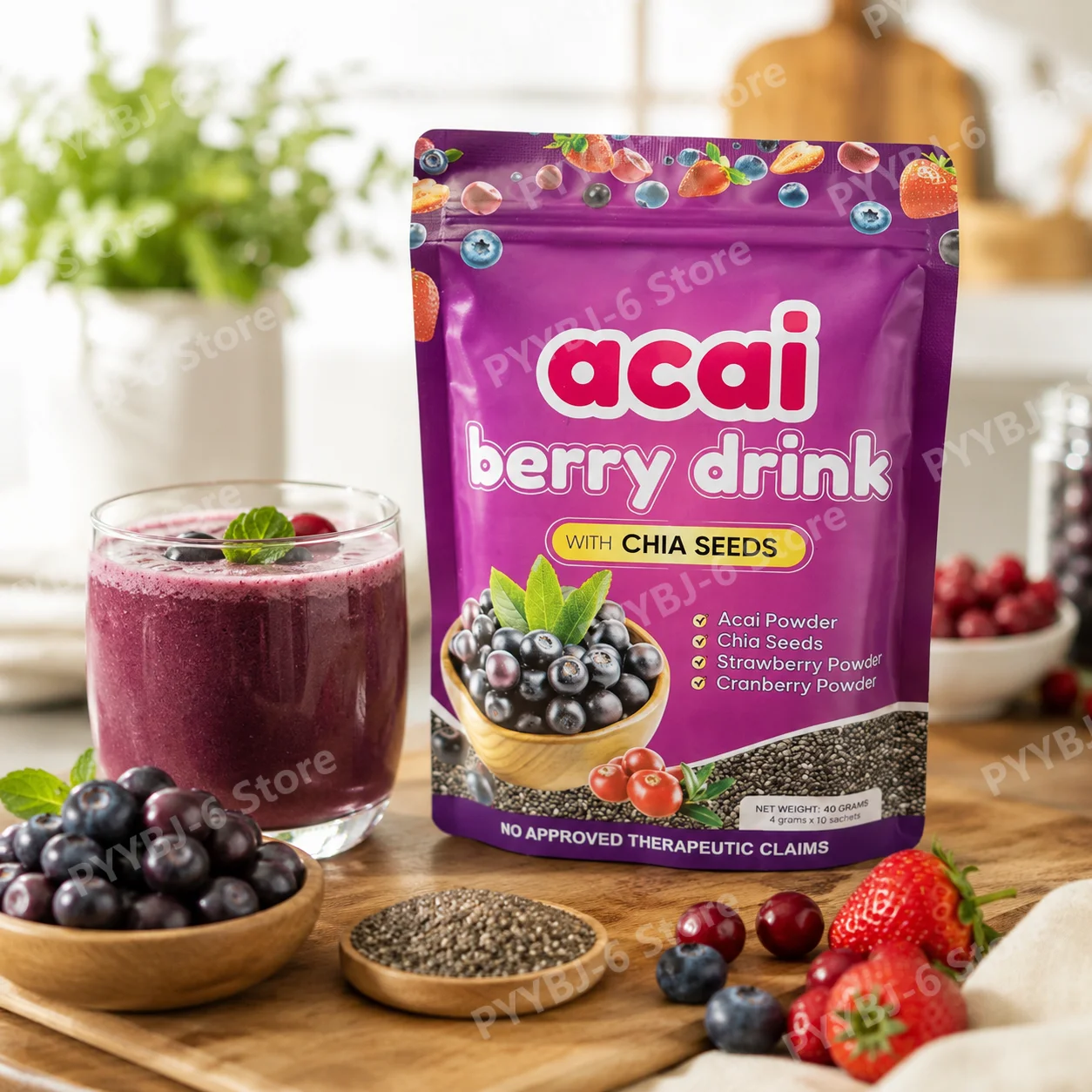 Acai Berry Drink Powder 10 Packs with Chia Seeds 7 Berry Blend Antioxidant Beauty Digestive Immune Wellness Support