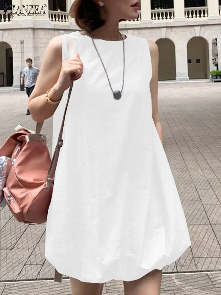 

ZANZEA Summer Fashion Party Dress Woman Casual Sleeveless Vestidos Female O-Neck Solid Sundress Elegant Beach Knee Length Robe