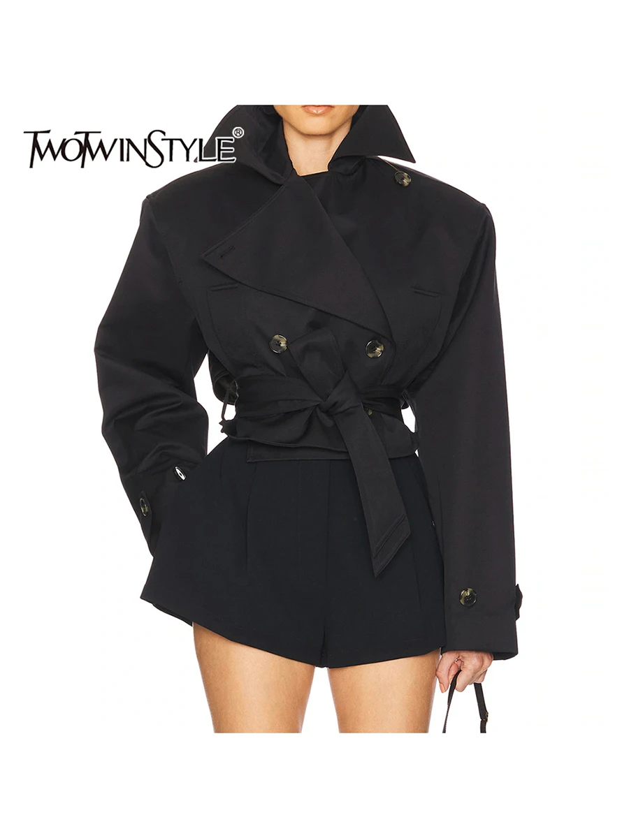TWOTWINSTYLE Fashion Spliced Lace Up Temperament Trenchs for Women Stand Neck Long Sleeves Patchwork Buttons Trench Female New