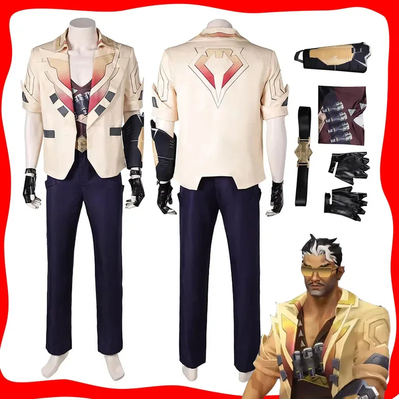 

Valorant TEJO Cosplay Men Fantasy Coat Pants Vest Gloves Belt Costume Roleplay Clothes for Adult Male Halloween Carnival Suit