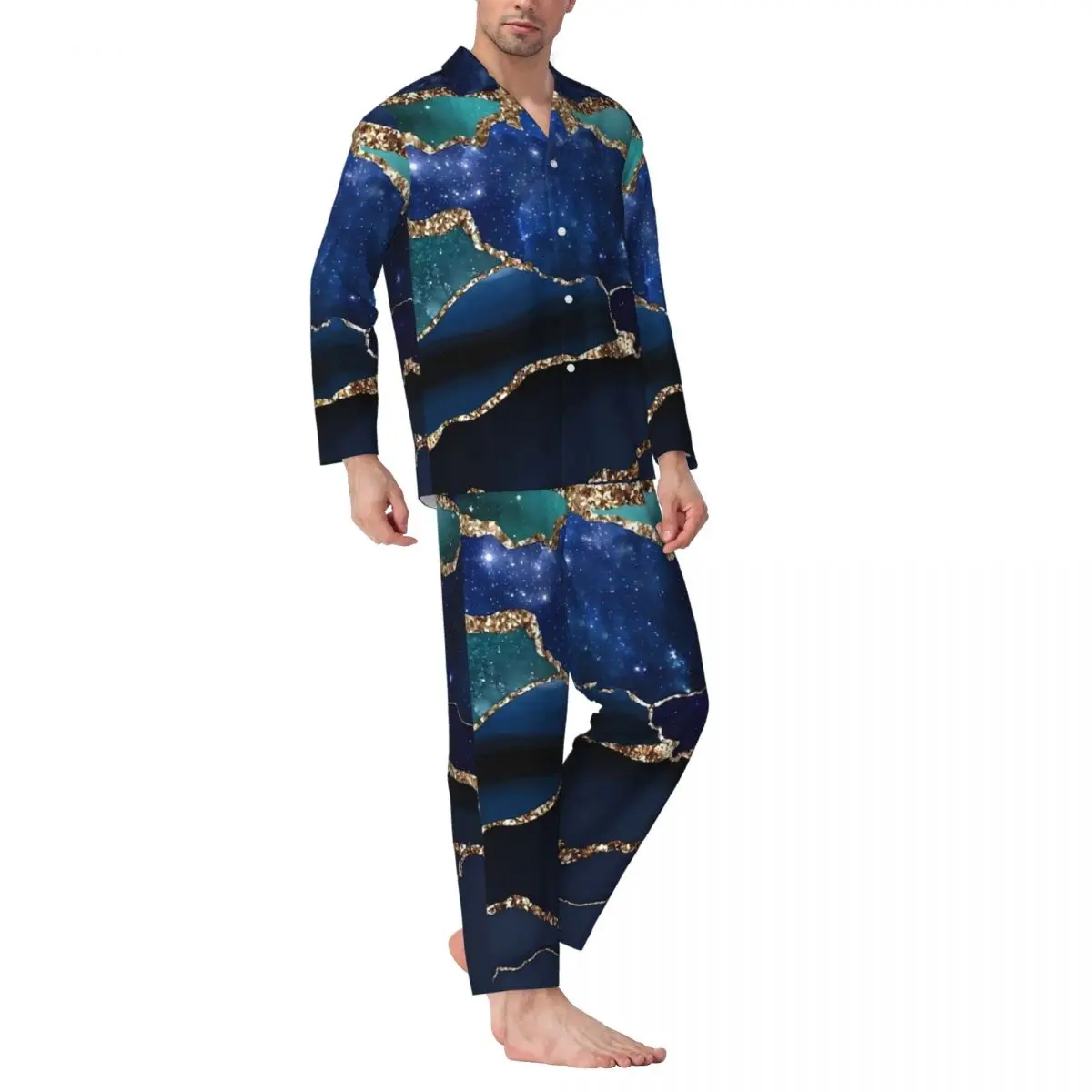 

Blue And Gold Marble Galaxy Sleepwear Spring Casual Oversized Pajama Sets Male Long Sleeve Cute Bedroom Pattern Nightwear