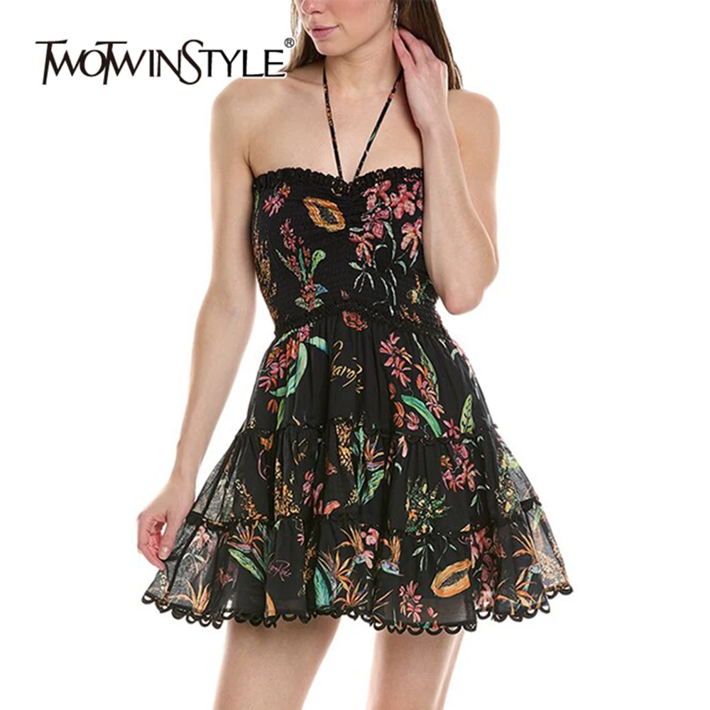 

TWOTWINSTYLE Hit Color Floral Printing Dress For Women Halter Sleeveless High Waist Spliced Lace Up Slimming Mini Dresses Female