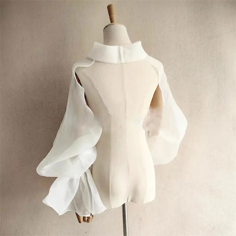 Mingli Tengda Organza Bruiloft Schouderophalen Gezwollen Volledige Trompetmouwen Hoge Hals Rugloze Bruid Bolero Bruids Jas Cape Party Schouderophalen