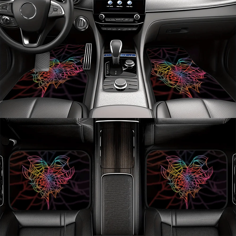 4pcs Colorful Spider Web Heart Pattern Black Car Floor Mats | Full Coverage, All-Season, XPE Non-Slip Durable Mats For SUV Inter