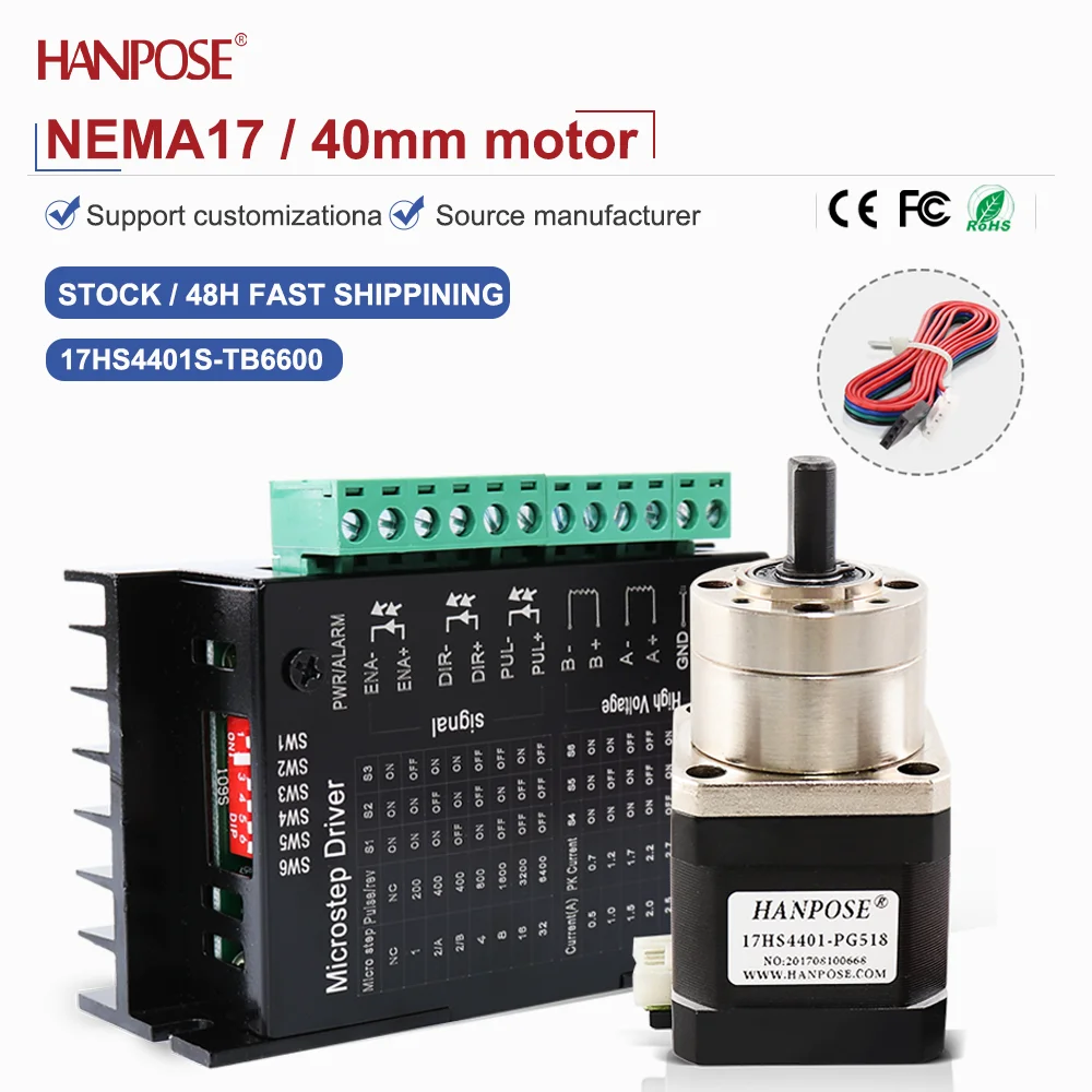 

NEMA17 1 комплект 17HS4401-PG-5.18 + TB6600drive 1,5 А 2,6 В с высоким крутящим моментом, высокоскоростной планетарный редуктор, шаговый двигатель