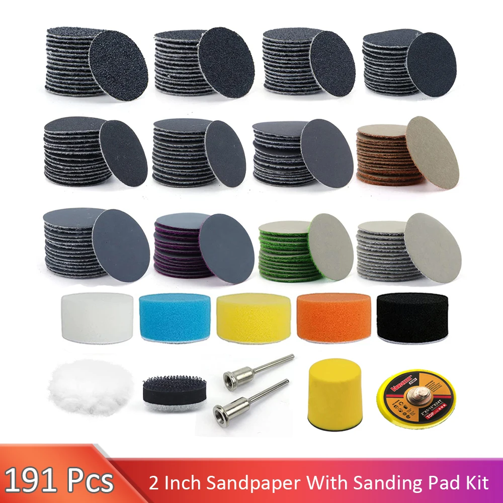 191 PCS 2 Inch 25mm Sanding Discs Hook and Loop Wet Dry Sandpaper with 3mm Shank Backing Pad Polishing Pads and Interface Pad