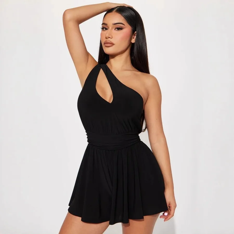 

【New style】Hot-selling women's clothes pure color single shoulder hollow ruffle sexy personality girl short waist dress