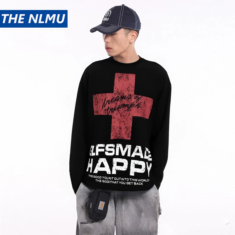 Unisex Vintage Waffle Long Sleeve T-Shirt Cross Print Streetwear Loose Fit Oversized Top