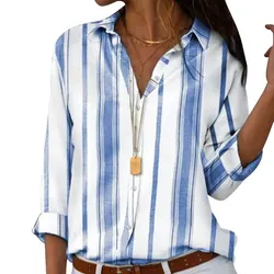 Elegant Cotton Shirts Women Casual Striped Button Lapel Blouses Shirts Autumn Winter Long Sleeve Loose Tops Tunic Blusa 2023