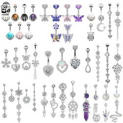 3-9pcs/lot Butterfly Heart Dangled Belly Button Ring Set Steel Crystal CZs Skeleton Hand Holding Stone Ball Belly Rings GiftPack