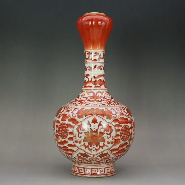 10.0 inch Chinese Qing Qianlong Iron Red Glaze Porcelain Lotus Pattern Vase Garlic Bottle
