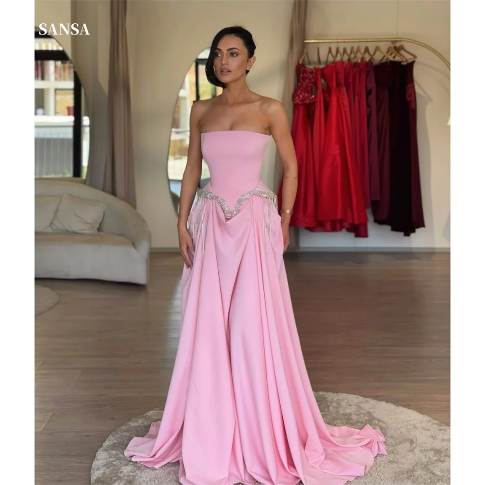 

Sansa Pink Sequin A-line Prom Dresses Off Shoulder Draped Customized فساتين سهرات Long Train Elegant Evening Dress 2025