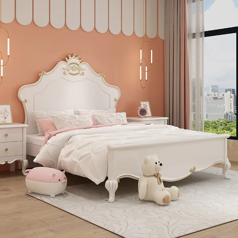 

French Children's Bed Luxury Crown Princess Bed Girls' Dream Castle Pink Girls' 1.2m Single Solid Wood Bed