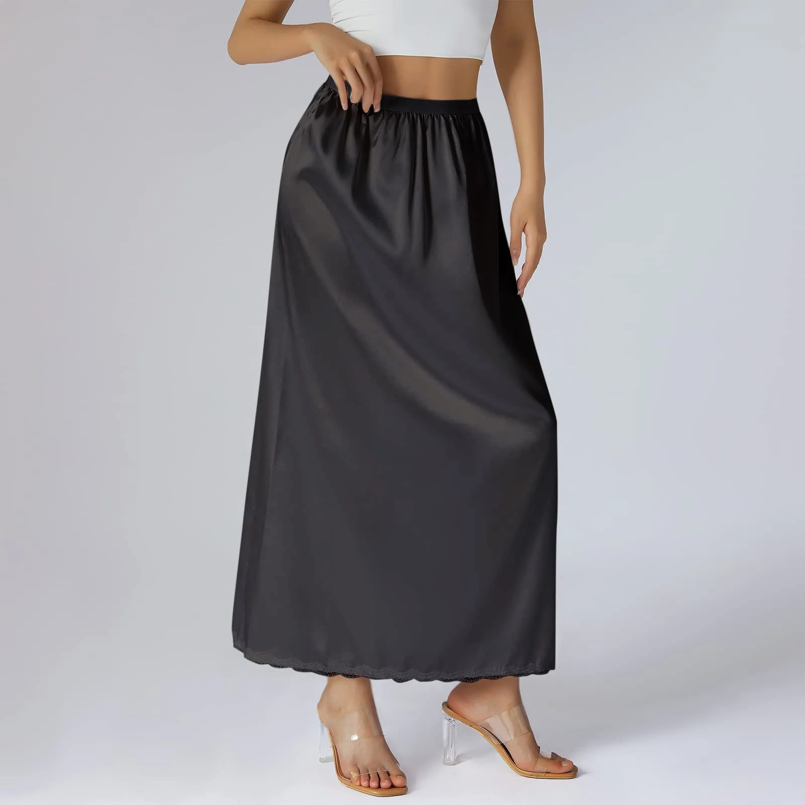 2024 New Women´s Half Slip Underskirt Solid Color Elastic Waist Inner Lining for Midi Skirt Long Beige Underskirt for Ladies