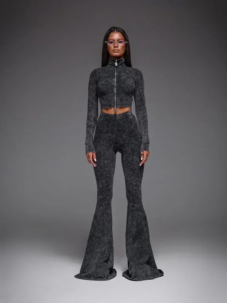

Casual Sheath Women Suit Fashion Sexy Street Zipper Print Long Sleeves 2 Pieces (Tops+Flare Pant) Matching Sets Female Tracksuit