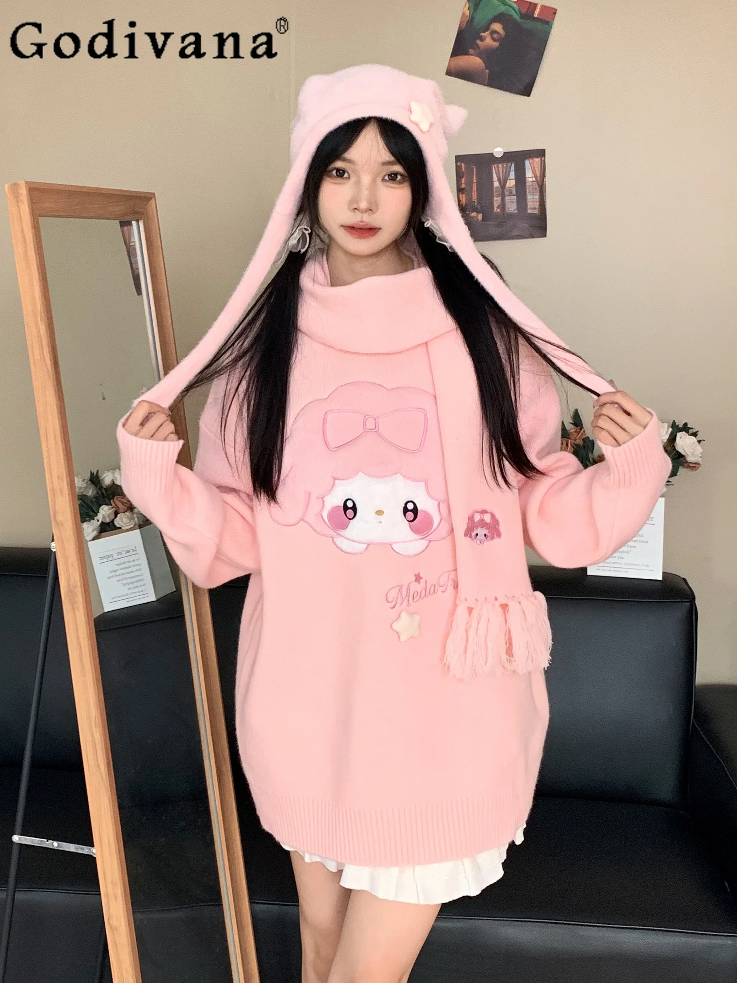 Sanrio Piano Sweaters College Sweet Cute Student Cartoon Casual Sweater Women Autumn Winter Knitwear Pullover with Scarf Hat