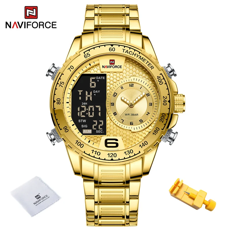 NAVIFORCE Luxury Brand Watches For Men Stainless Steel Chronograph Digital Quartz Wrist watch Fashion Luminous Waterproof Clock