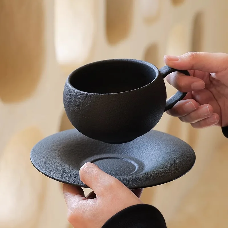 Exquisite Retro Coffee Cup Saucer Burnt Stone Pattern Ceramic Black Mug Afternoon Tea Cup Water Cups Gift Cup Kitchen Dining