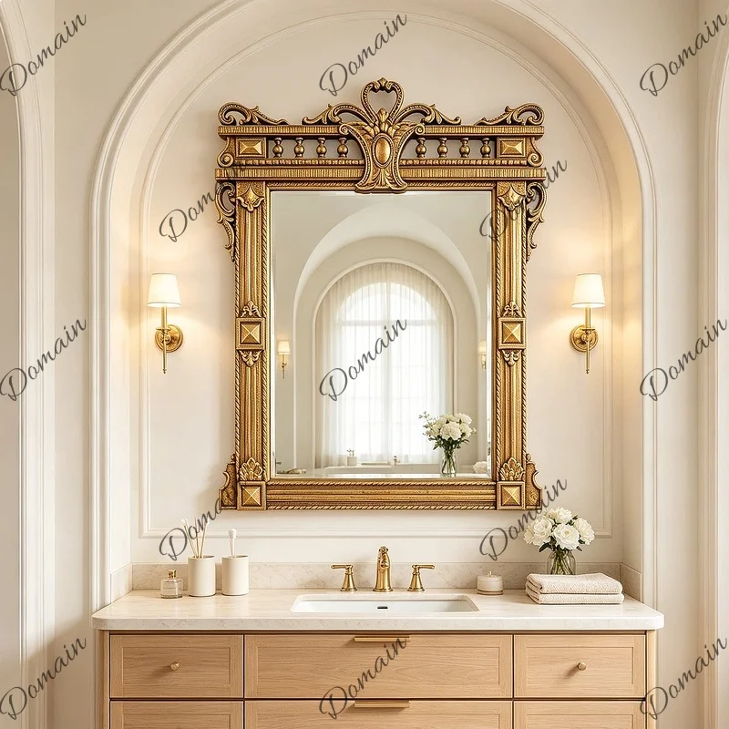 French Retro Wall Mounted Bathroom Mirror Baroque Fireplace Decor Luxury Vanity Dressing Mirror