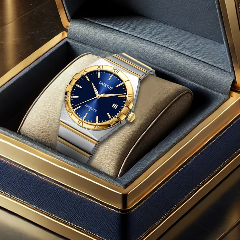 

Мужские автоматические механические часы с великолепным деловым круглым циферблатом с пятиконечной звездой и золотым стальным ремешком.