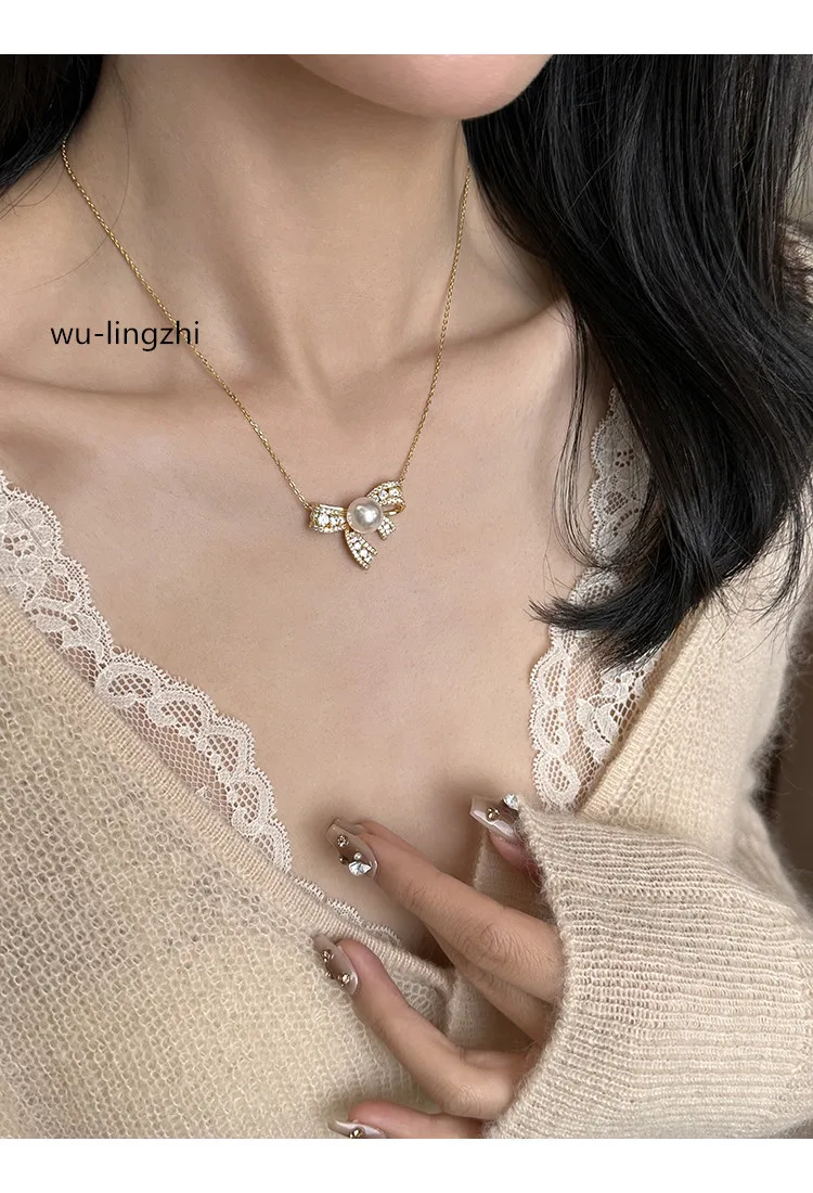 wu-lingzhi Women 925 Silver Necklace Luxury Elegant Zircons Hollow Out Necklaces Bow Austrian Man-Made Pearls Neck Chain New