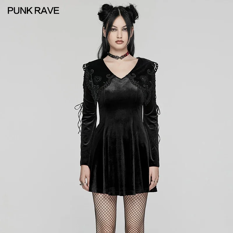 PUNK RAVE Women's Sweet Gothic A-hem Flared Sleeve Design Velvet Dress Daily V- Collar Playful Cute Drawstring Short Dresses