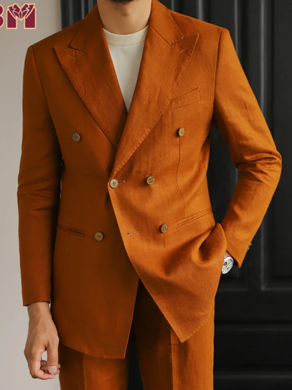 

Элегантный однотонный двубортный итальянский костюм для мужчин, универсальный приталенный деловой костюм с воротником с лацканами, коричневый костюм в стиле ретро по индивидуальному заказу