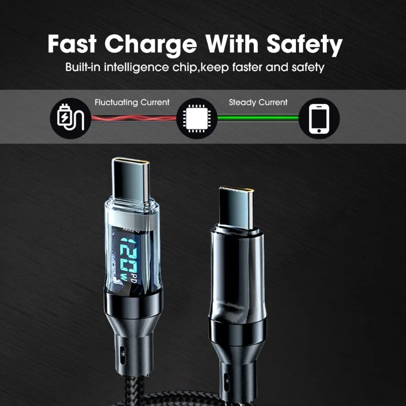 120W USB C To C Fast Charge Cable Nylon Braided LED Display Wire for IPhone 15/Pro/Plus/Max IPad Air MacBook Pro Samsung Xiaomi