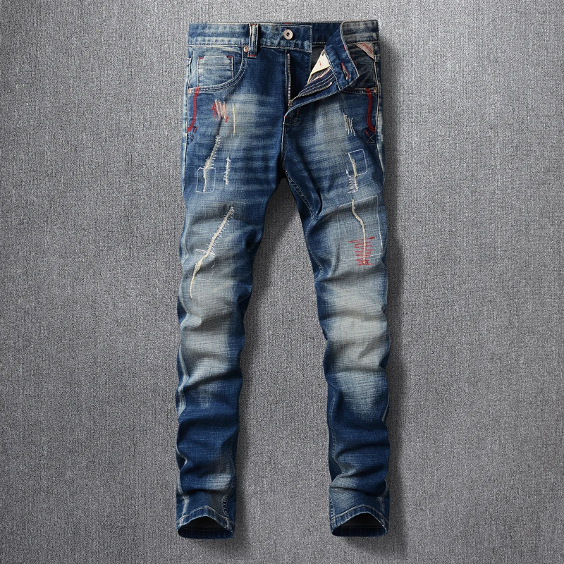 

Fashion Vintage Men Jeans Retro Blue Elastic Slim Fit Hole Ripped Jeans Men Straight Trousers Embroidery Designer Denim Pants