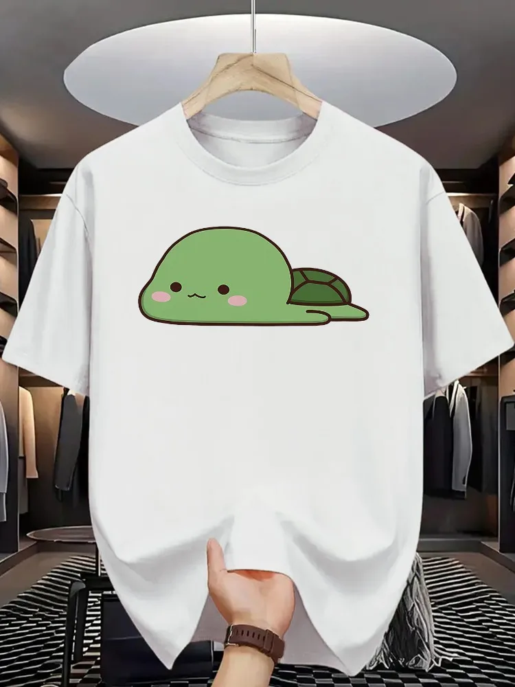 Mens White Oversized Cotton Tee Cute Blush Green Baby Turtle Cartoon Print Crew Neck Short Sleeve Kawaii Casual Male Street Top