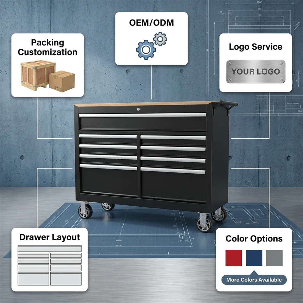 Heavy Duty 9-Drawer Rolling Tool Cabinet with Workbench Top, 600 kg Steel Mobile Tool Chest for Garage Workshop