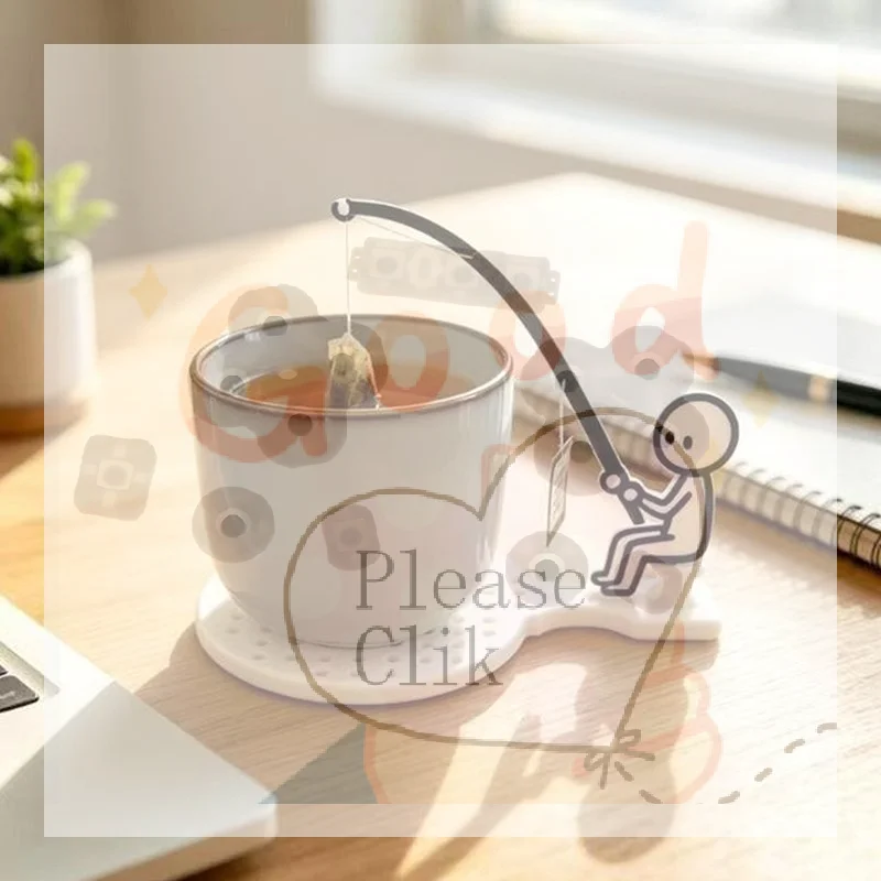 【HG】1Set Creative And Fun Little Man Fishing Coaster Tea Bag Holder With Stretchable Teacup Clip Control Interest Drinking Tool