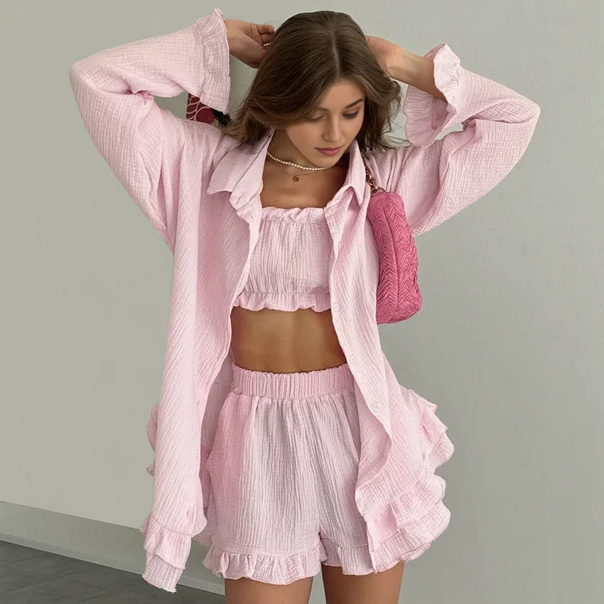 

2026 New Women Rayon Cotton 3 Piece Pajamas Set Long Sleeve Top & Shorts Breathable Loose Loungewear Soft Sleepwear