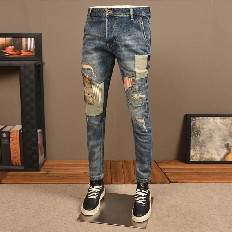 Streetwear Fashion Men Jeans Retro Washed Blue Stretch Slim Fit Ripped Jeans Men Patched Designer Hip Hop Denim Pants Hombre