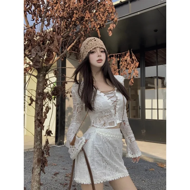 Vintage Korean Retro High Street Lace Crochet Hooded Lace-up T-shirt + Vest + Short Skirt Suit 3 Pieces Sets Y2k Suit